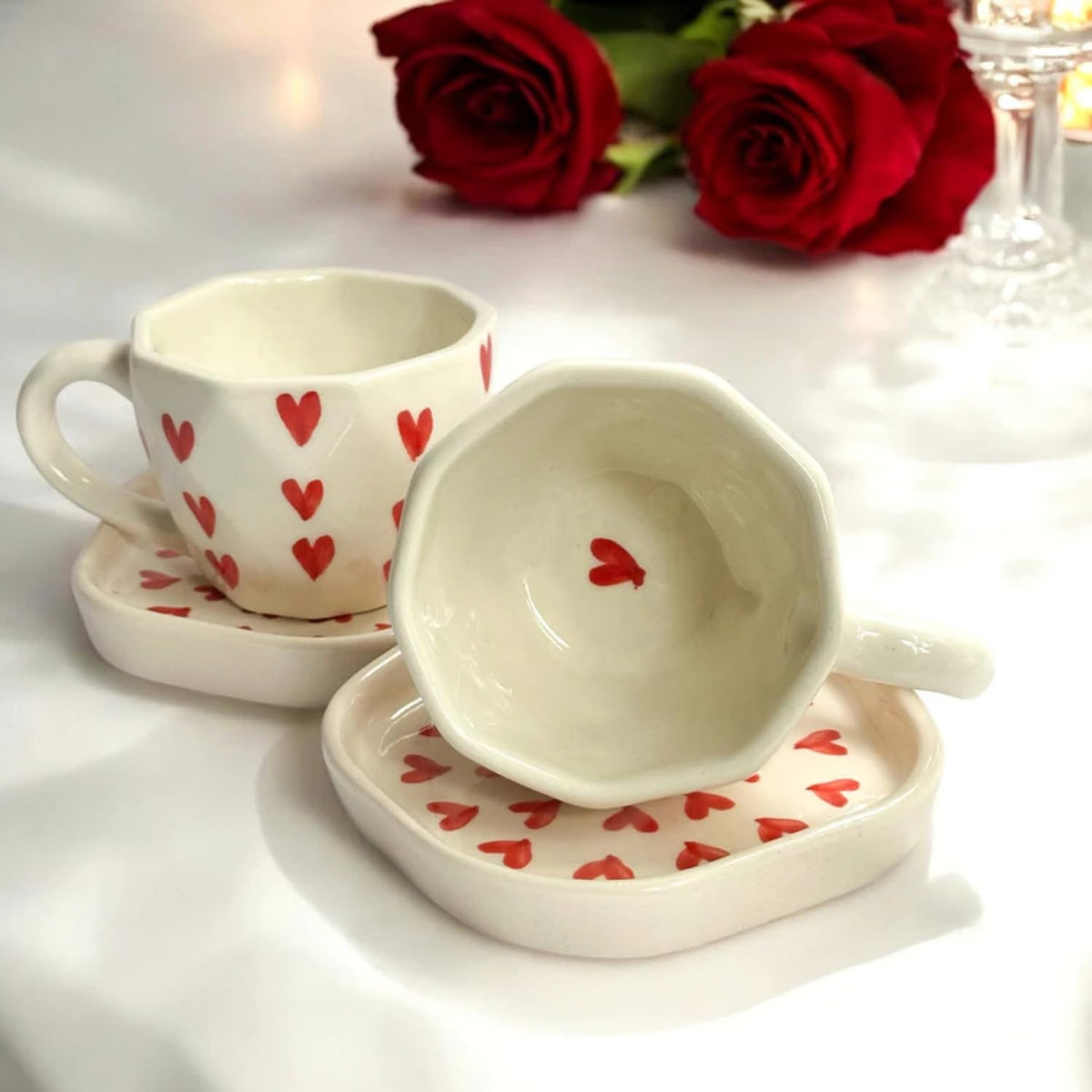 Red Heart Ceramic Coffee Mug and Saucer Set