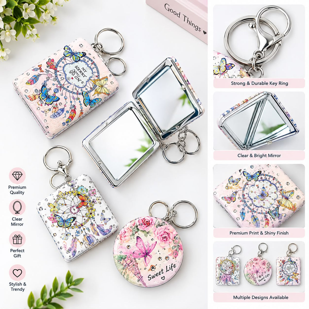 Designer Dreamcatcher & Butterfly Pocket Mirror Keychain