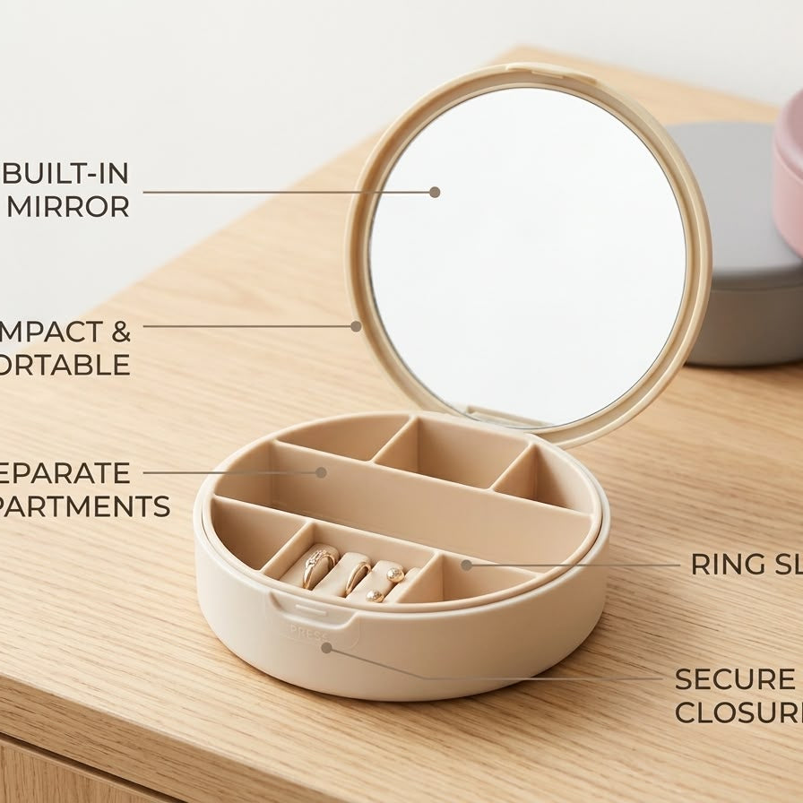 Compact Portable Jewelry & Makeup Organizer with Built-In Mirror