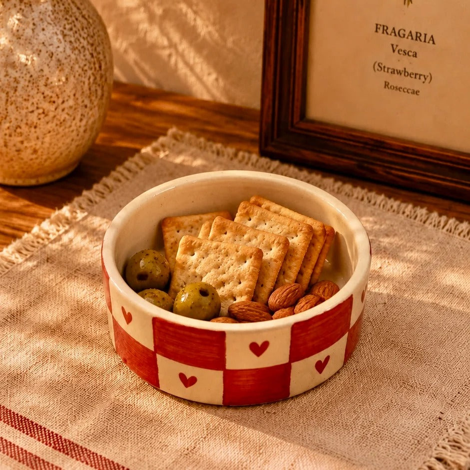 Red Plaid Heart Ceramic Serving Bowl