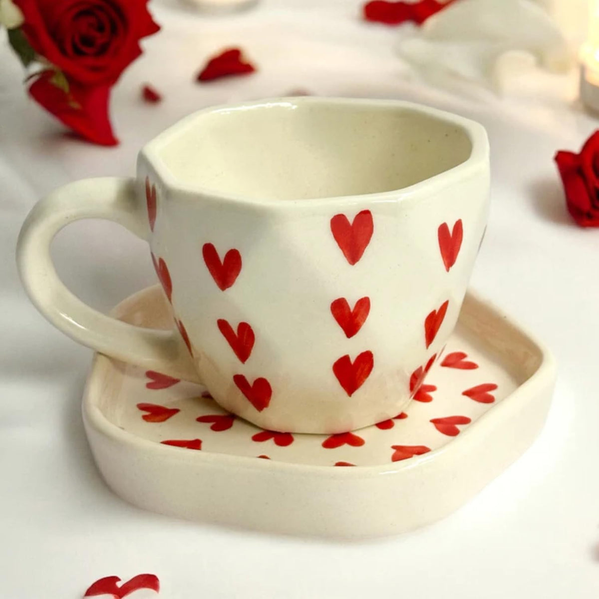 Red Heart Ceramic Coffee Mug and Saucer Set