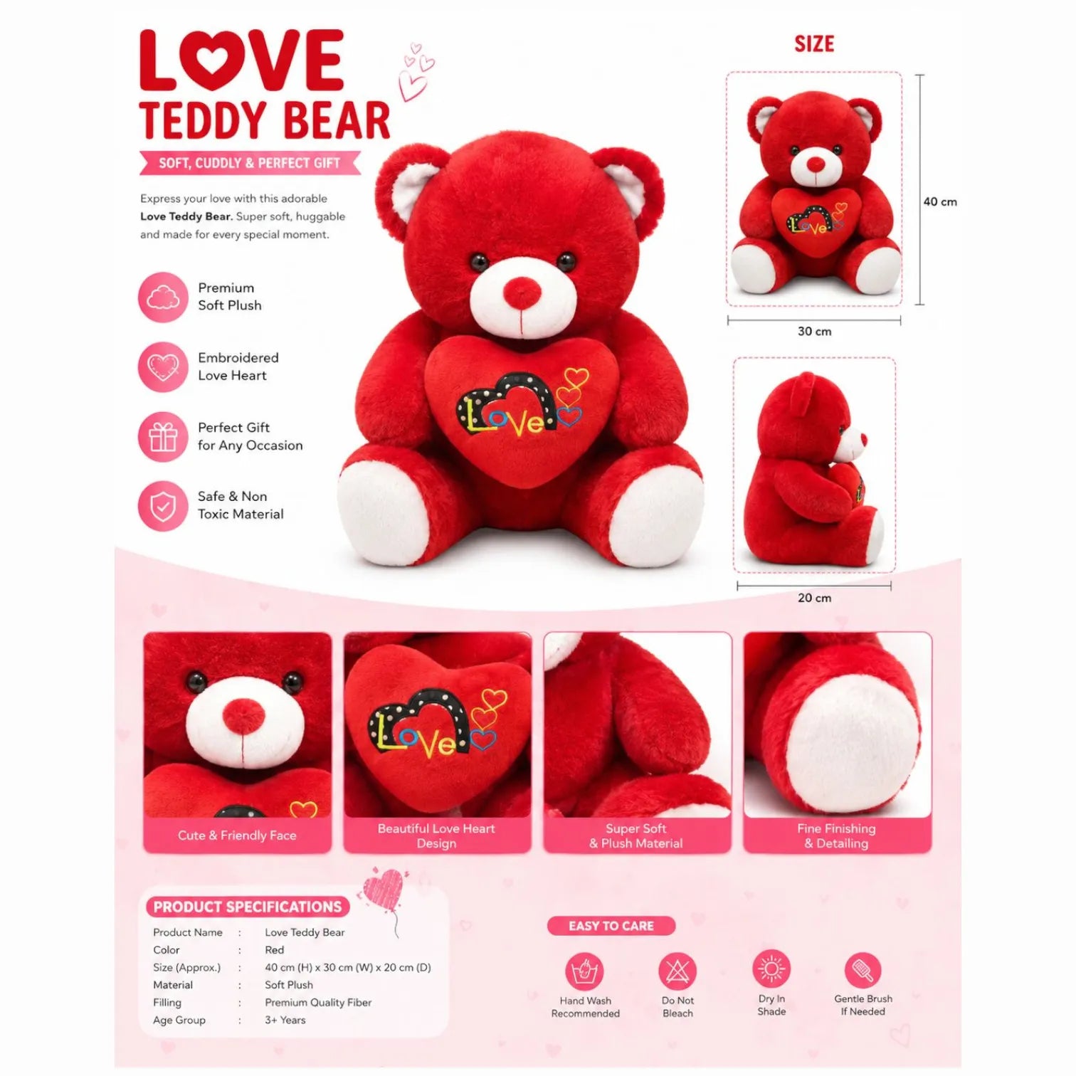 Crimson Love Teddy Bear Plush (40 cm) - KawaiWorld