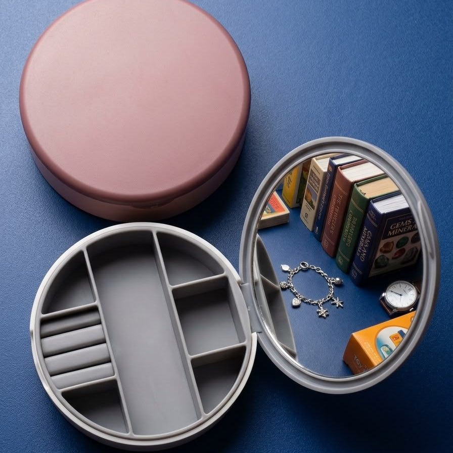 Compact Portable Jewelry & Makeup Organizer with Built-In Mirror