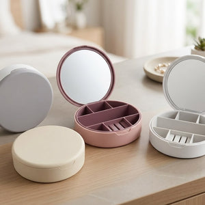 Compact Portable Jewelry & Makeup Organizer with Built-In Mirror