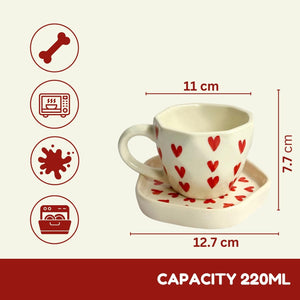 Red Heart Ceramic Coffee Mug and Saucer Set