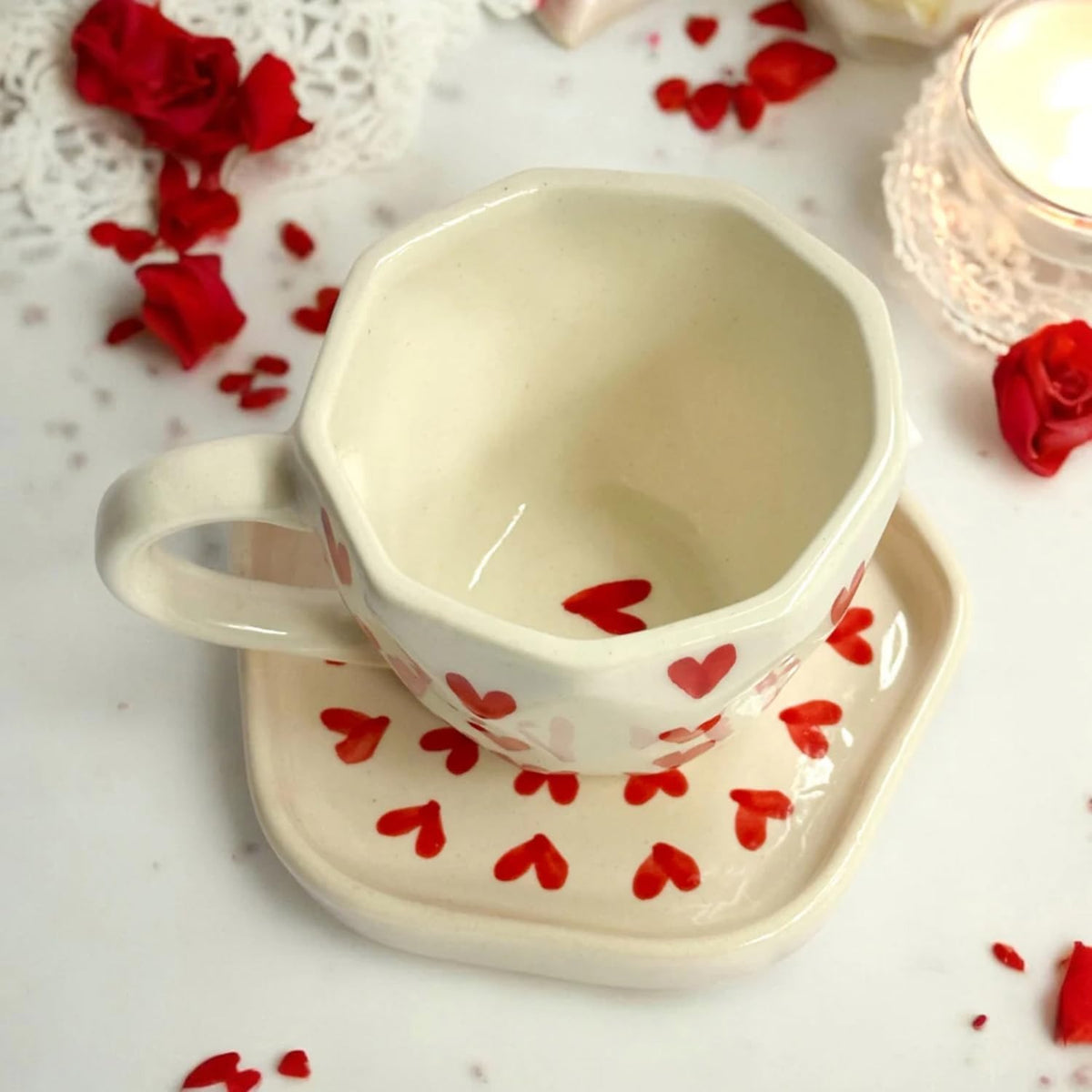 Red Heart Ceramic Coffee Mug and Saucer Set